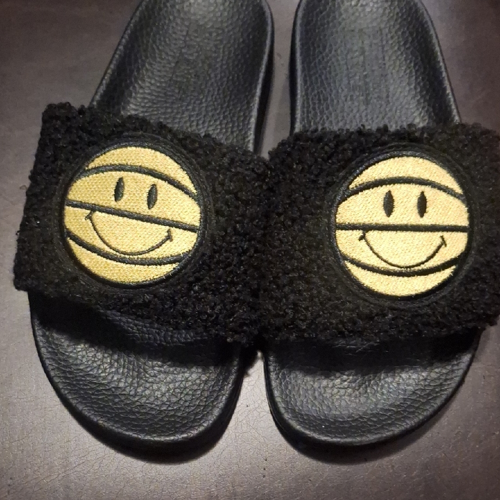 Black Slides with Smiley Face Patch